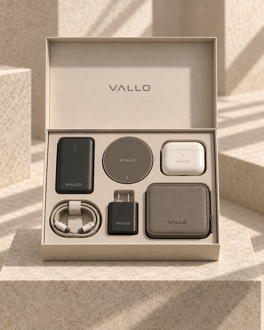 Открытая коробка VALLO с пауэрбанком, беспроводной зарядкой, кейсом для наушников, кабелем, адаптером и чехлом